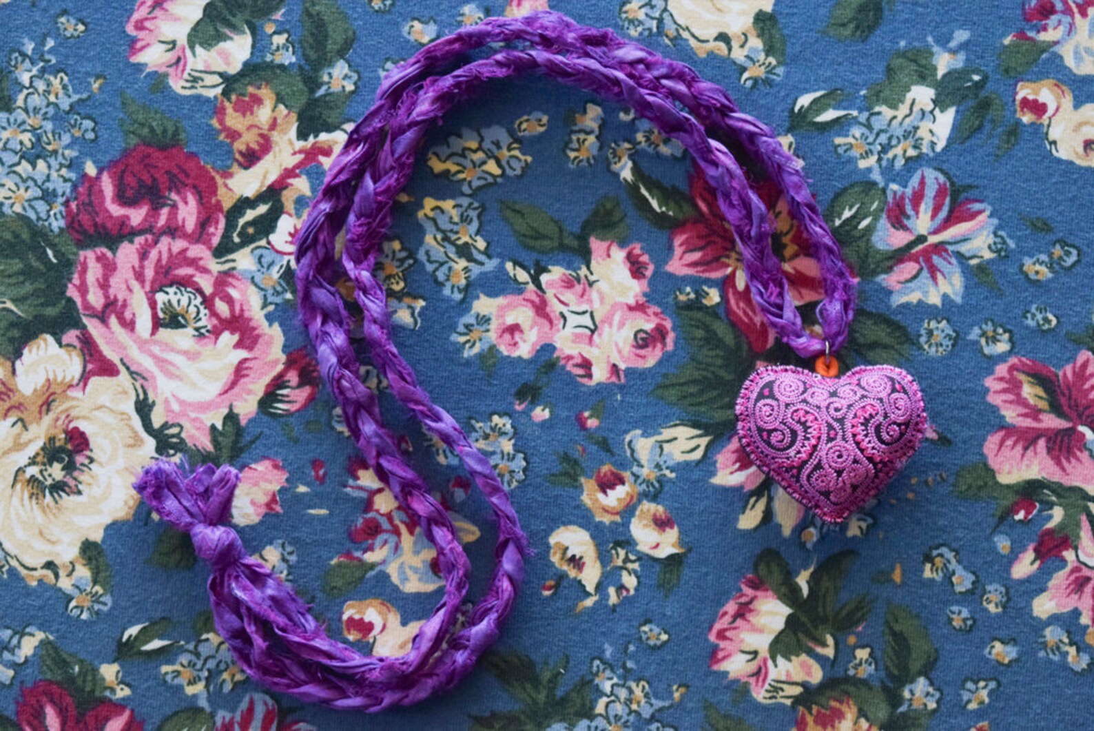 Pink Embroidered Heart Pendant on Purple Sari Silk Necklace Etsy