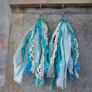 Blue Sari Silk Earrings with Crystal and Vintage Lace image 2