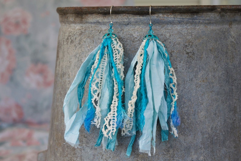 Blue Sari Silk Earrings with Crystal and Vintage Lace image 2