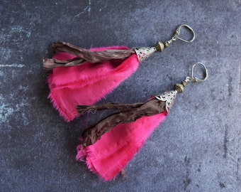 Hot Pink and Brown Silk Earrings, Boho Style Colorful Jewelry