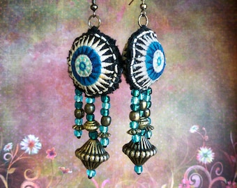 Tribal Hmong Earrings, Embroidered Earrings, Bohemian Chic, Boho Jewelry, Hmong Embroidery