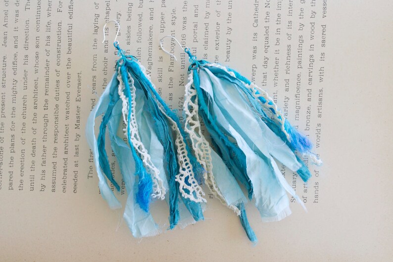 Blue Sari Silk Earrings with Crystal and Vintage Lace image 1