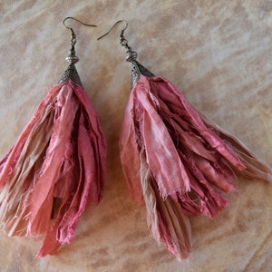 Boho Style Coppery Salmon and Tan Sari Silk Earrings with Filigree Cone Cap image 2