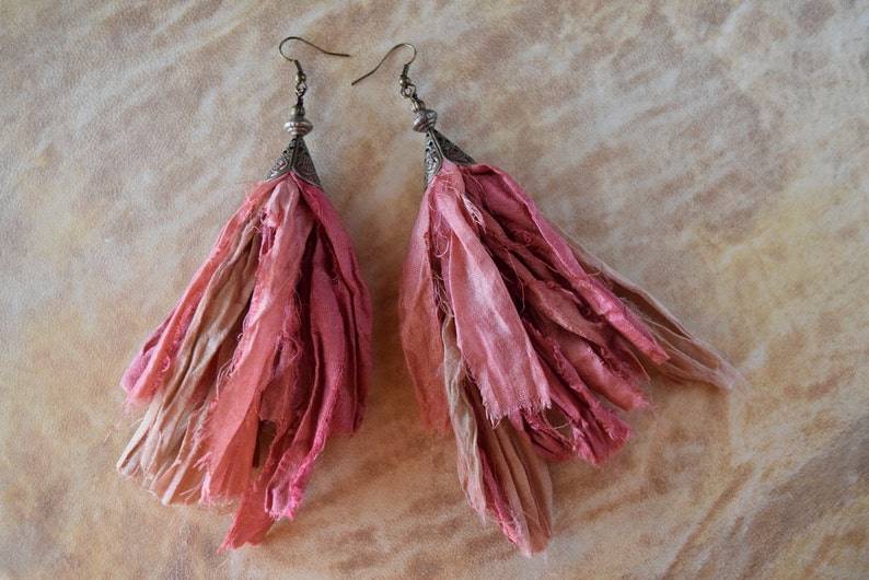 Boho Style Coppery Salmon and Tan Sari Silk Earrings with Filigree Cone Cap image 2