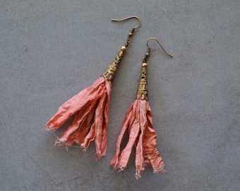 Boho Chic Coppery Salmon Sari Silk Earrings with Copper Bead