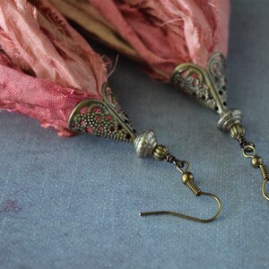 Boho Style Coppery Salmon and Tan Sari Silk Earrings with Filigree Cone Cap image 3