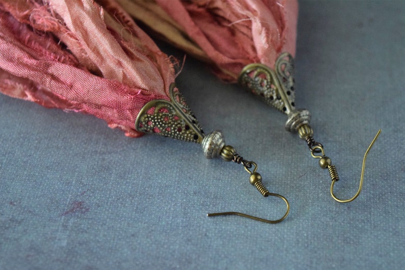 Boho Style Coppery Salmon and Tan Sari Silk Earrings with Filigree Cone Cap image 3