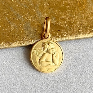 18KT Yellow Gold Mini Solid Angel Raphael Round Medal Pendant Charm NEW Matte Guardian Angel Baby 10mm