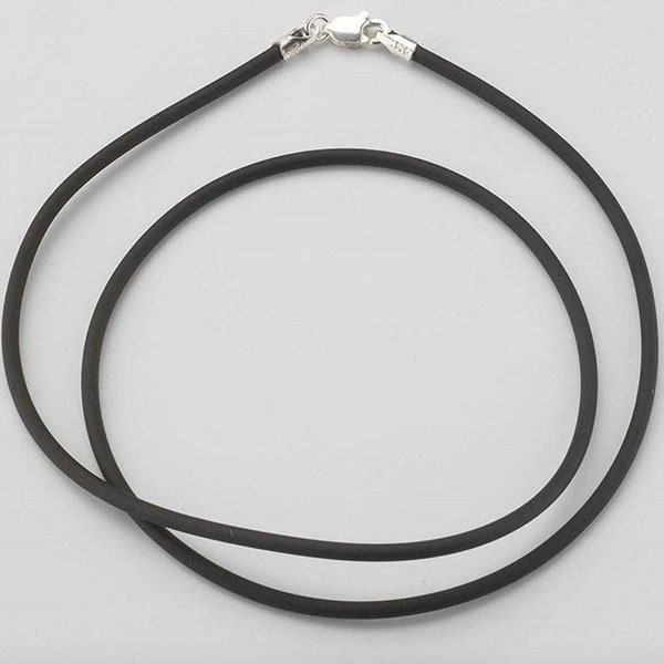 Sterling Silver + Black Rubber Necklace 3MM in Thickness NEW Various Lengths Available Lobster Clasp