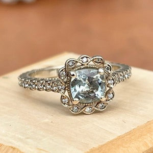 Estate Vintage Patina'd 14KT White Gold Square Cushion Cut 1.00 CT Aquamarine + Diamond Scroll Halo Accent Ring Size 7