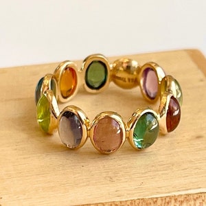 18KT Yellow Gold Cabochon Oval Bezel Multi-Colored Gemstones Eternity Band Style Ring Wedding, Anniversary etc 6.5 Amethyst Citrine Peridot