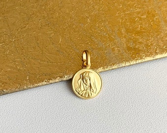 14KT Yellow Gold Mini Solid Our Lady of Sorrow Addolorata Round Medal Pendant Charm NEW Matte 10mm