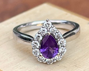 Estate Vintage 14KT White Gold Pave Diamond Halo + Genuine Pear-Shaped Purple Amethyst Ring
