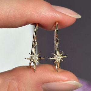 14KT Yellow Gold Natural Diamond North Star Starburst Wire Dangle Drop Earrings NEW