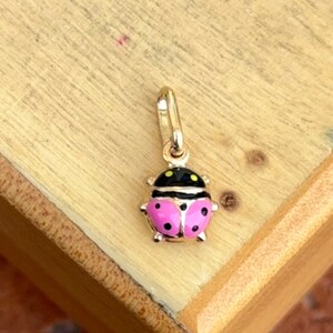 May include: A gold charm in the shape of a ladybug with pink and black enamel. The ladybug has black spots and yellow accents.