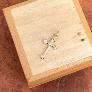 10KT Yellow Gold Small .01 CT Diamond Budded Style Cross Pendant Charm NEW 15mm MINI