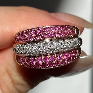 Estate Vintage 18KT Rose Gold Pave Genuine Ruby and Diamond Domed Cigar Band Ring Size 7