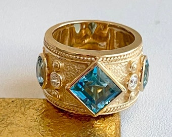 14KT Yellow Gold Matte Etruscan Byzantine Genuine Square + Oval Blue Topaz and Diamond Cigar Band Ring Size 7