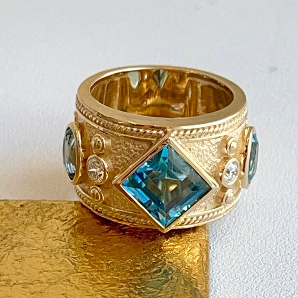 14KT Yellow Gold Matte Etruscan Byzantine Genuine Square + Oval Blue Topaz and Diamond Cigar Band Ring Size 7