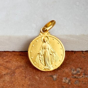 14KT Yellow Gold Solid Miraculous Mary Miracolosa Round Medal Pendant Charm NEW Matte 14mm Unisex