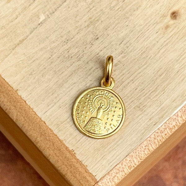 18KT Yellow Gold Solid Our Lady of Pilar 10mm Round Medal Pendant Charm NEW Matte Mini