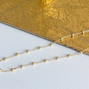 14KT Yellow Gold .80mm Beaded Ball Moon Station Link Chain Necklace Adjustable Lengths NEW
