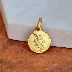 Mini pingente redondo com medalha de São Miguel maciço em ouro amarelo 14KT, novo, fosco, 10 mm, padroeiro da polícia
