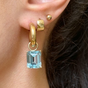 Custom 14KT Yellow Gold Genuine Sky Blue Topaz Faceted Emerald Cut Earring Charms Add To hoops Interchangeable Large