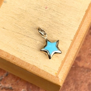 14KT Yellow Gold Puffed Star Turquoise Inlayed Pendant Charm NEW Small Size 12mm Gemstone Double Sided