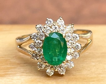 Estate Vintage 14KT Yellow Gold Faceted Oval 1.00 CT+ Emerald + Diamond Double Halo Ring 6