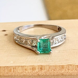 Estate Vintage 14KT White Gold .62 Carat Square Emerald and 1.00 CT Square Princess Cut Diamond Channel Set Custom Band Ring Size 8