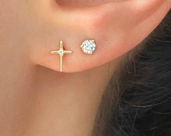 14KT Yellow Gold MINI CZ Stone Cross Post Stud Earrings Best For Gifts Child Teen
