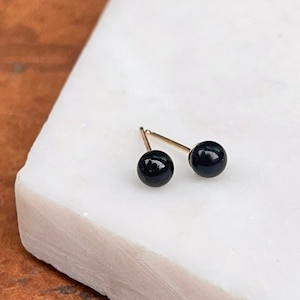 14KT Yellow Gold Genuine Round Black Onyx Ball Post Earrings 4MM Stud NEW