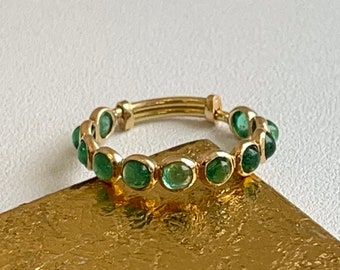 18KT Yellow Gold Cabochon Round Emeralds Eternity Band Style Adjustable Size Ring Birthstone, Wedding, Anniversary etc