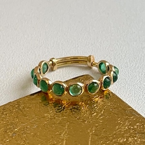 18KT Yellow Gold Cabochon Round Emeralds Eternity Band Style Adjustable Ring Birthstone, Wedding, Anniversary etc
