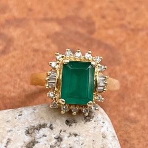 Estate Vintage 14KT Yellow Gold 2.00 CT Lab Emerald-Cut Emerald + Baguette Round Diamond Halo Ballerina Ring Size 7.5