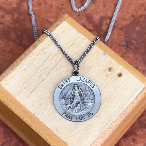 Sterling Silver Antiqued 18mm St Lazarus Patron Saint of Cancer Patients Round Medal Pendant Chain Necklace 18" Length Unisex