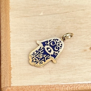 14KT Gelbgold Blau Lapis Filigrane Hand Gottes Fatima Hamsa Chamseh Anhänger NEU Glücksbringer