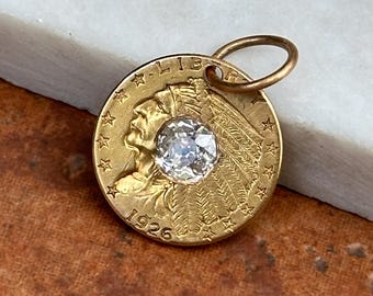 Yellow Gold 1926 Indian Head Coin with Round Old Mine Cut Diamond Pendant