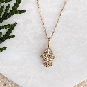14KT Yellow Gold & Pave Diamond Kabbalah &quot;Hand of Fatima&quot; Hamsa Chamseh Mini Pendant NEW Good Luck Charm