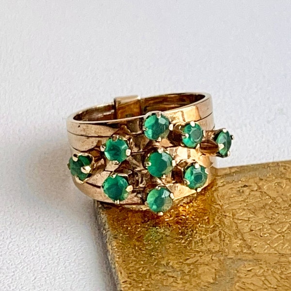 Estate Antique Mid Century 14KT Yellow Gold Harem Round .95 CT Emerald 5 Band Ring 4.25