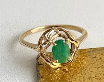 Nachlass antiken Mid Century 10KT Gelbgold Oval Smaragd Spiralband Solitär Ring