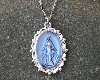 Sterling Silver Satin Blue Miraculous Medal Pendant 26mm NEW