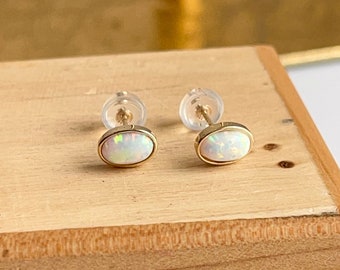 14KT Yellow Gold Bezel Oval MINI Size Lab Created Opal Gemstone Stud Post Earrings Minimal Tiny Size 7mm