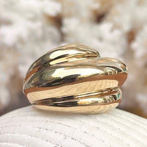 14KT Yellow Gold Polished Ribbed Design Wide Cigar Band Ring Dome NEW Size 8