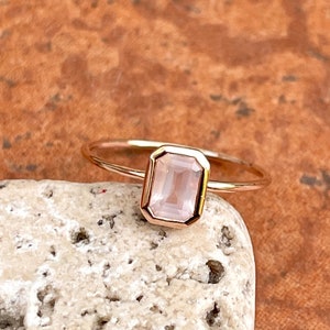 14KT Rose Gold Bezel Octagon Pink Quartz Thin Band Ring NEW Stackable Minimal Low Profile