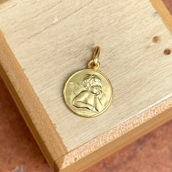 14KT Yellow Gold Solid Angel Raphael Round Medal Pendant Charm NEW Matte Guardian Angel Baby 12mm Small