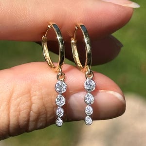14KT Yellow Gold Round Diamond Huggie Drop Bezel Set Earrings