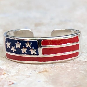 Sterling Silver Enameled USA FLAG TOE Ring Adjustable Red White & Blue Band New