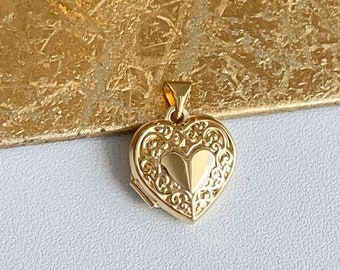 14KT Yellow Gold Mini Heart Locket Pendant Charm NEW Medium Size + Detailed 21mm x 15mm